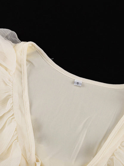 A-Line High Waisted Ruffle Trim Solid Color Tied V-Neck Mini Dresses