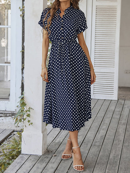 A-Line High Waisted Buttoned Drawstring Polka-Dot V-Neck Midi Dresses