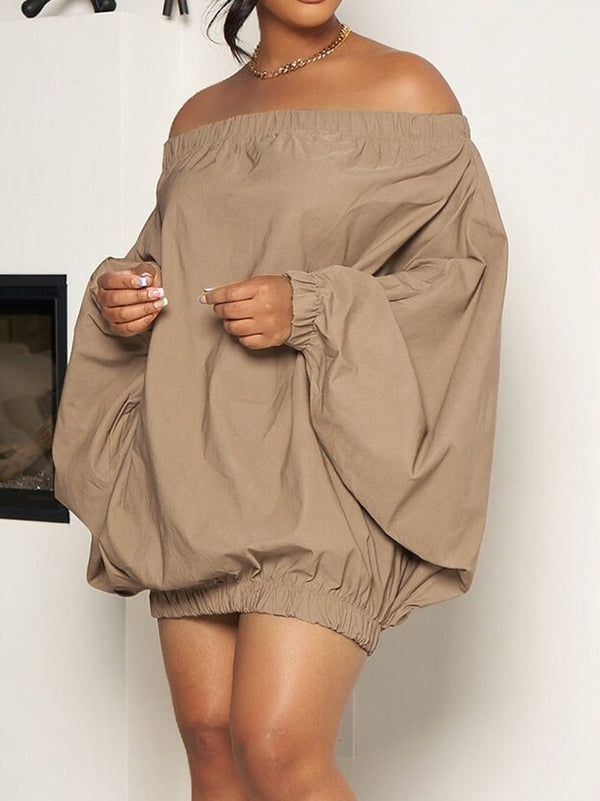 Mini-robes amples à manches longues et épaules dénudées, couleur unie et élastique 