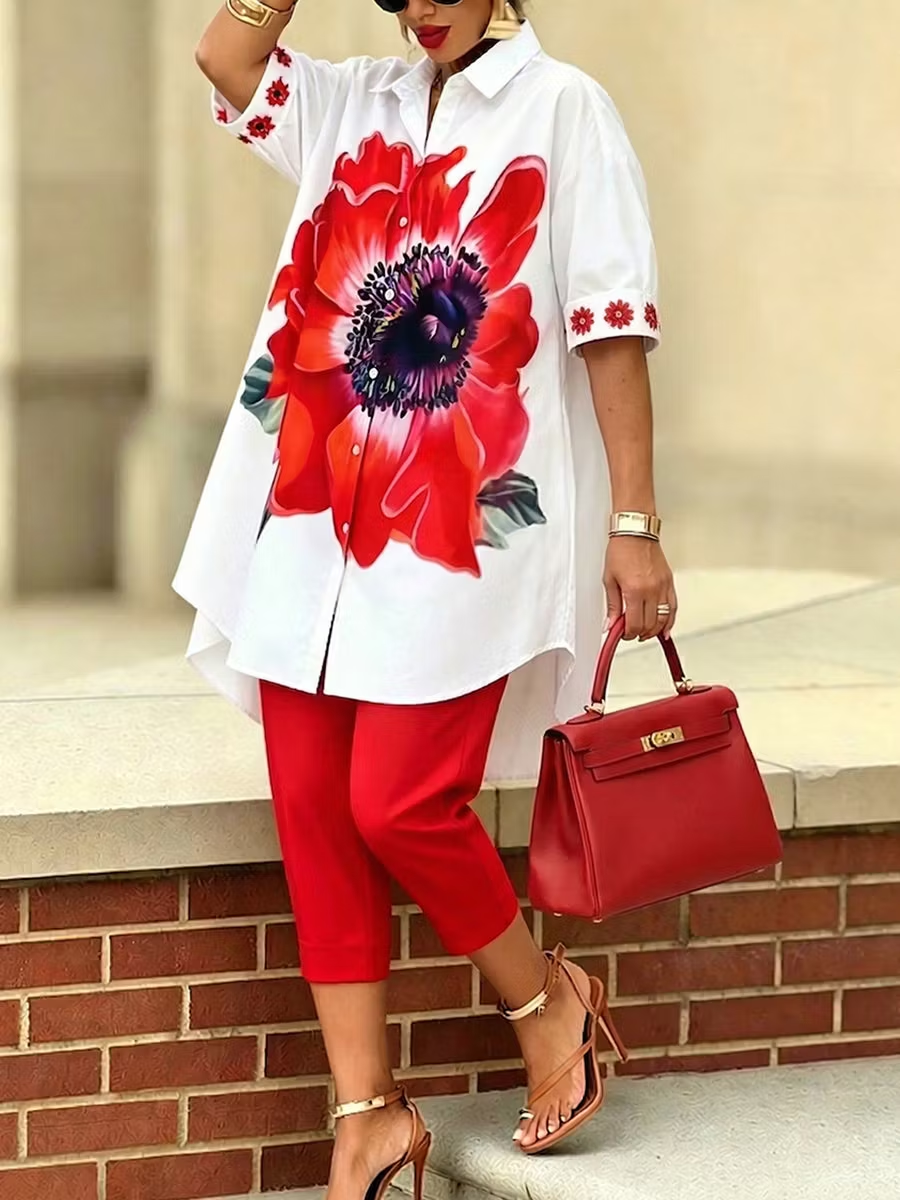 Half Sleeves Loose Buttoned Flower Print Lapel Blouses&Shirts Tops