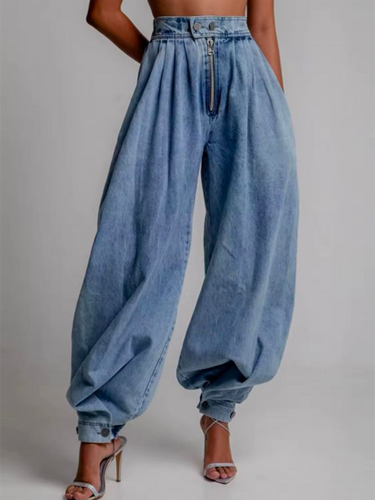 Pantalon en jean ample boutonné de couleur unie avec fermeture éclair 