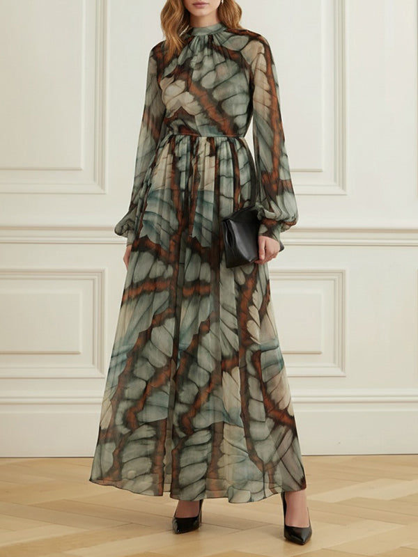 Balloon Sleeves Long Sleeves Big Hemline Contrast Color Pleated Print Zipper Stand Collar Maxi Dresses