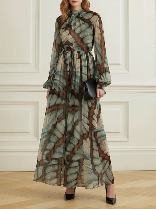 Balloon Sleeves Long Sleeves Big Hemline Contrast Color Pleated Print Zipper Stand Collar Maxi Dresses