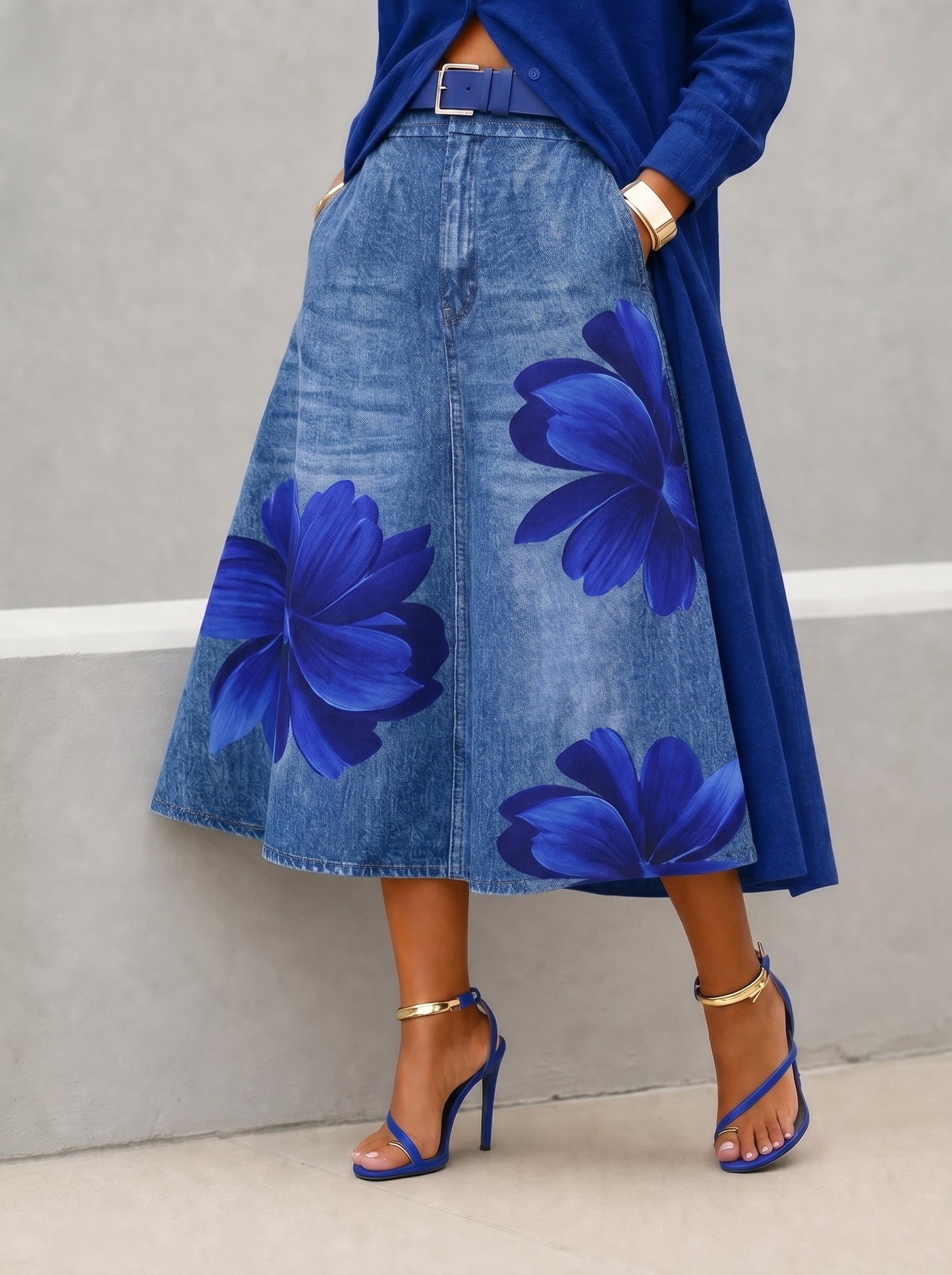 A-Line High Waisted Flower Print No Belt Pockets Skirts Bottoms