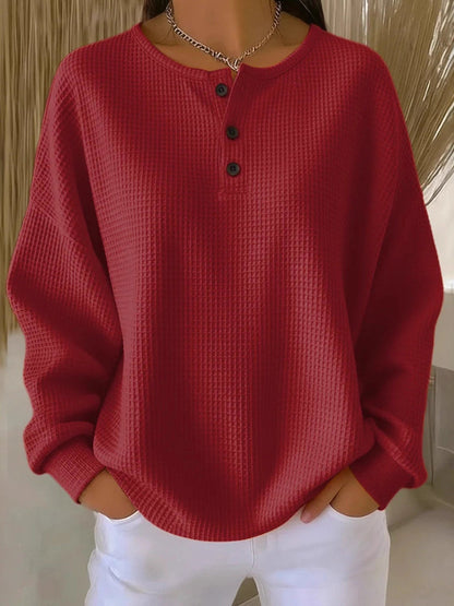Solid Color Buttoned Plus Size Loose Round-neck Sweatshirt Tops