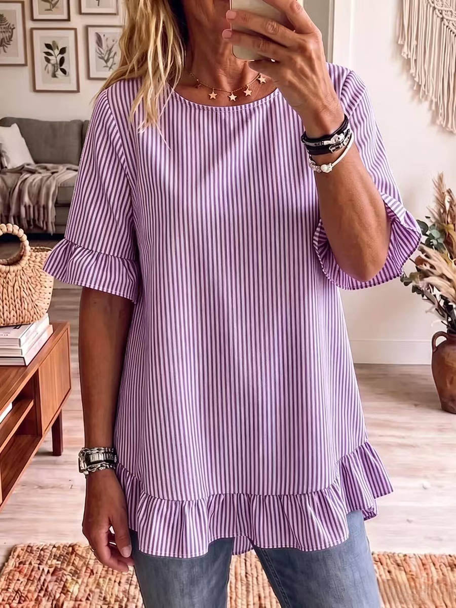 Half Sleeves Loose Pleated Ruffle Trim Striped Round-Neck Blouses&Shirts Tops