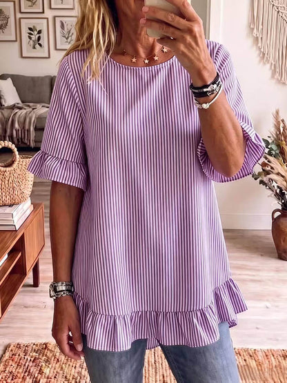 Half Sleeves Loose Pleated Ruffle Trim Striped Round-Neck Blouses&Shirts Tops