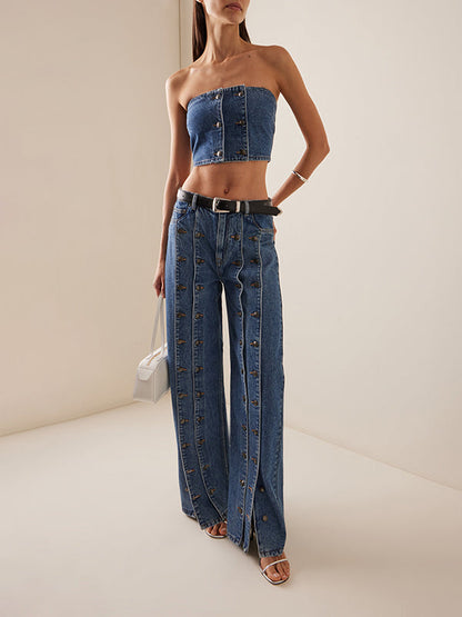 High Waisted Buttoned No Belt Split-Joint Jean Pants Bottoms