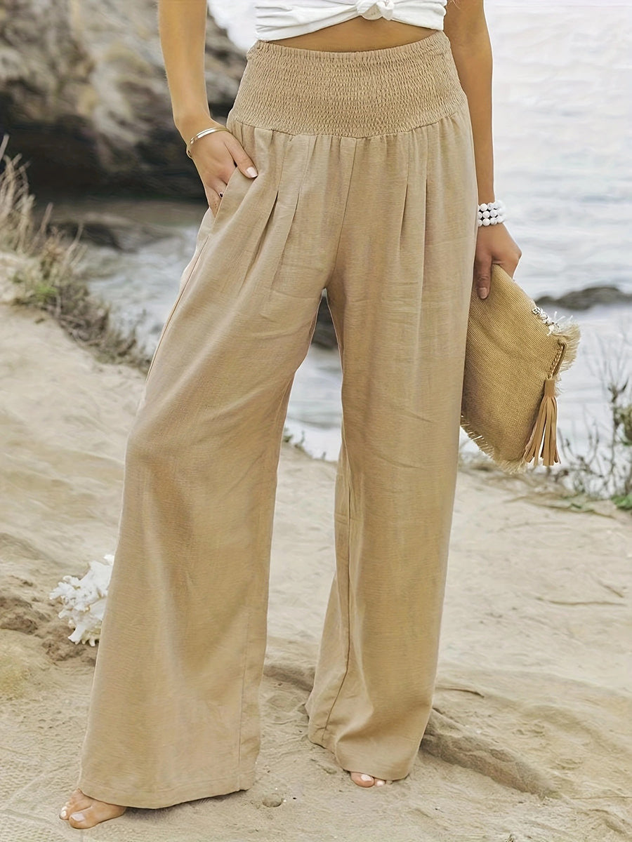 Elasticated Waist High Waisted Pleated Pockets Solid Color Split-Joint Pants