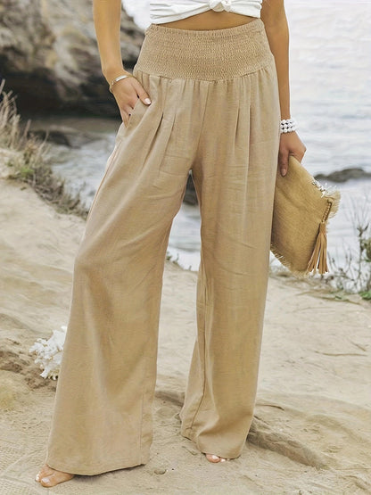 Elasticated Waist High Waisted Pleated Pockets Solid Color Split-Joint Pants