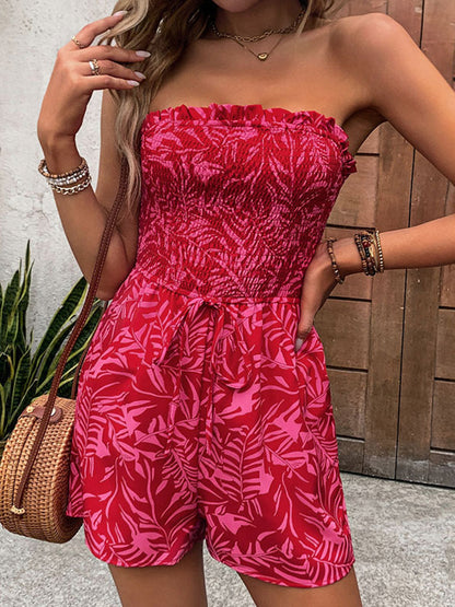 Sleeveless Leaves Print Pleated Pockets Solid Color Split-Joint Tied Waist Tube Rompers