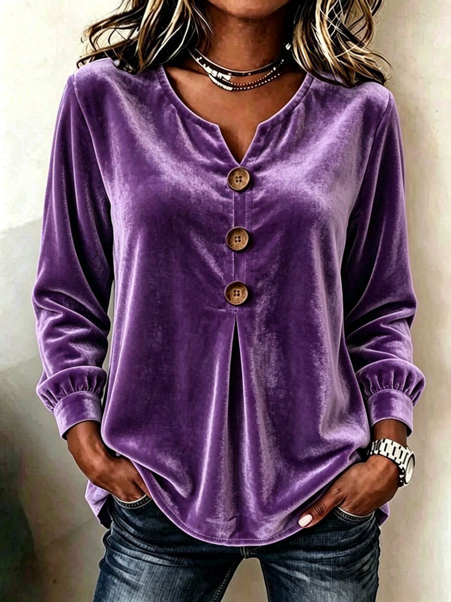 Velvet Solid Color Pleated Buttoned Loose Long Sleeves V-neck T-Shirts Tops