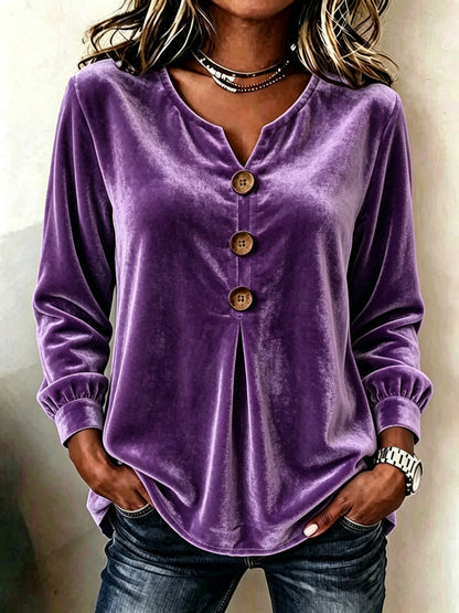 Velvet Solid Color Pleated Buttoned Loose Long Sleeves V-neck T-Shirts Tops