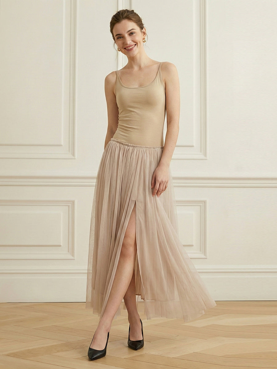Elasticated Waist Irregularity Asymmetric Contrast Color Mesh Split-Joint Split-Side Spaghetti-Neck Camis Maxi Dresses