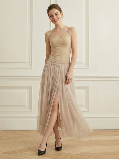 Elasticated Waist Irregularity Asymmetric Contrast Color Mesh Split-Joint Split-Side Spaghetti-Neck Camis Maxi Dresses