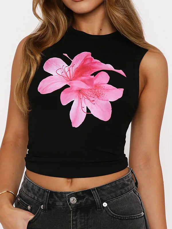 Skinny Sleeveless Flower Print Round-Neck Vest Top