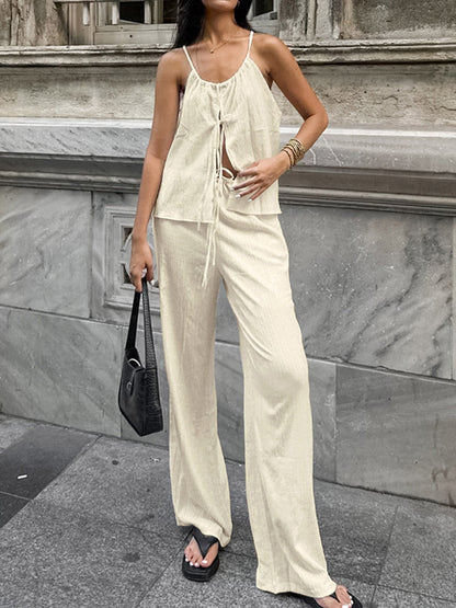 Solid Color Halter-Neck Cropped Pleated Split-Joint Tank Top + High Waisted Elasticity Tied Waist Pants Trousers Two Pieces Set