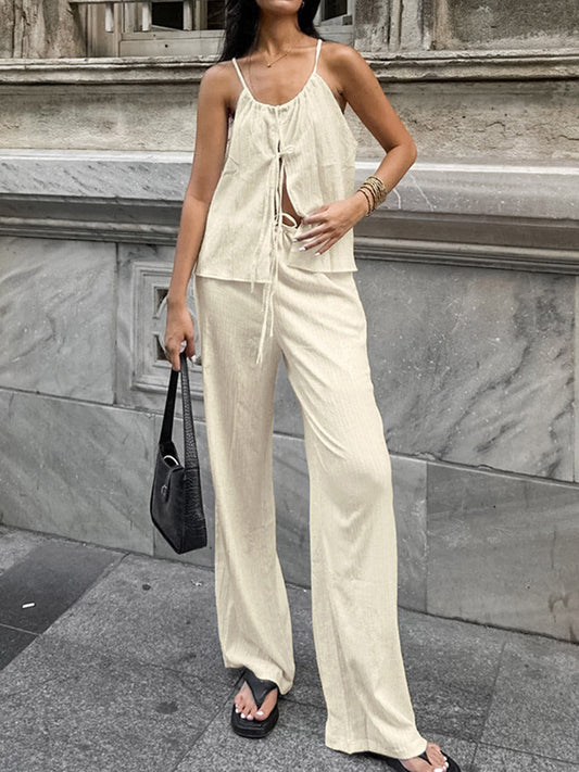 Solid Color Halter-Neck Cropped Pleated Split-Joint Tank Top + High Waisted Elasticity Tied Waist Pants Trousers Two Pieces Set