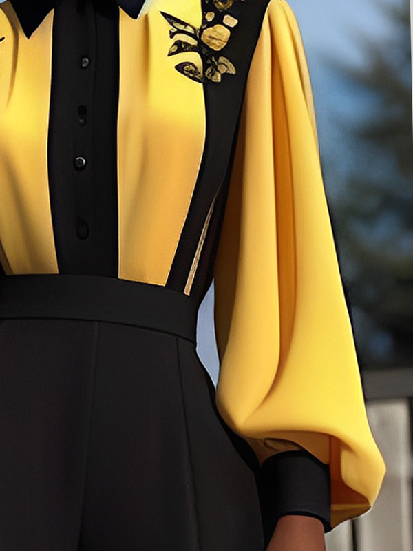 Long Sleeves Loose Buttoned Contrast Color Flower Print Split-Joint Lapel Blouses&Shirts Tops