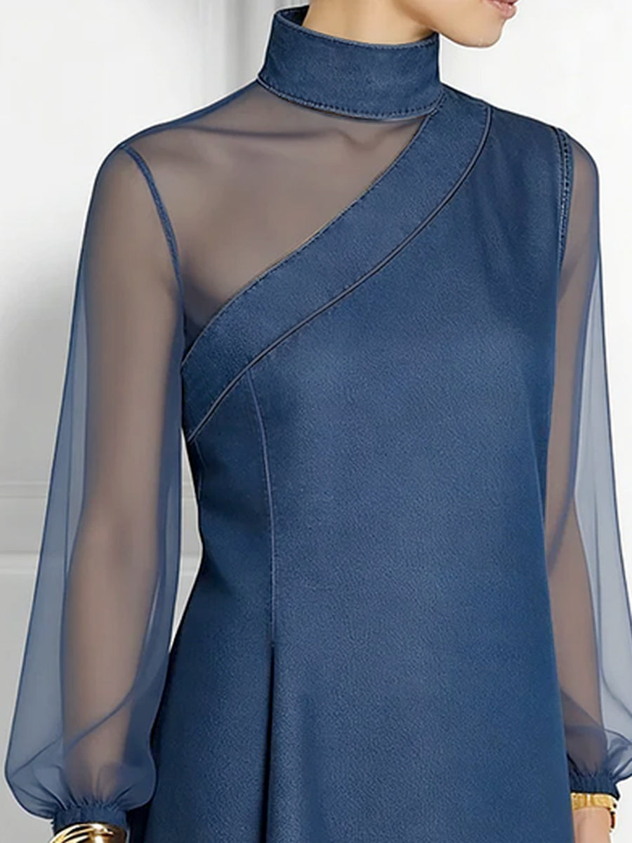 Split-Joint Mesh Asymmetric Puff Sleeves Long Sleeves Mock Neck Blouses&Shirts Tops
