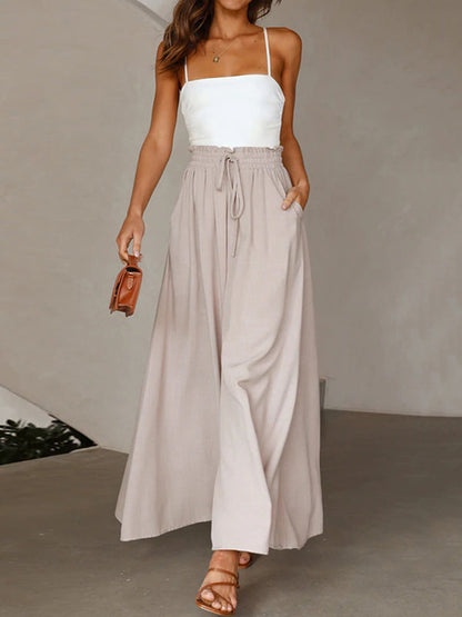 High Waisted Loose Drawstring Elasticity Pleated Pockets Solid Color Pants Trousers