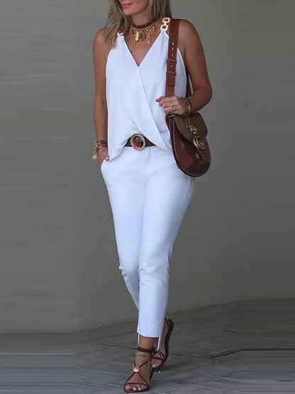 Débardeur sans manches à col en V et fentes de couleur unie 