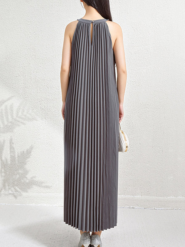 Lockere ärmellose, hohle, plissierte Taschen, einfarbige Neckholder-Maxikleider 