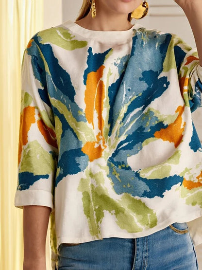 Flower Print Contrast Color Buttoned Loose Half Sleeves Round-neck T-Shirts Tops
