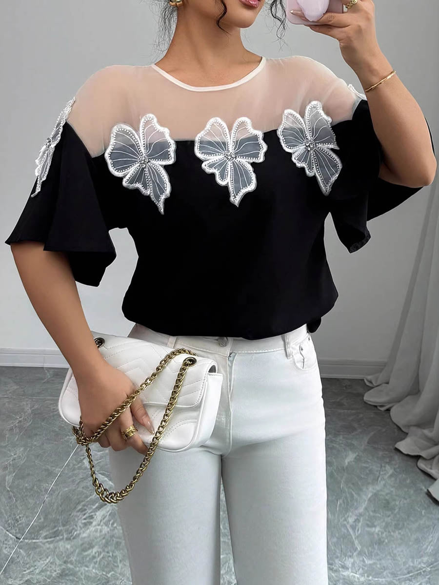 Batwing Sleeves Half Sleeves Contrast Color Mesh Split-Joint Three-Dimensional Flower Round-Neck Blouses&Shirts Tops