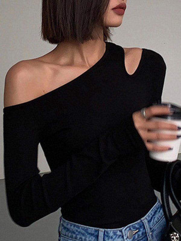 Long Sleeves Skinny Asymmetric Hollow Solid Color Split-Joint One-shoulder T-shirts