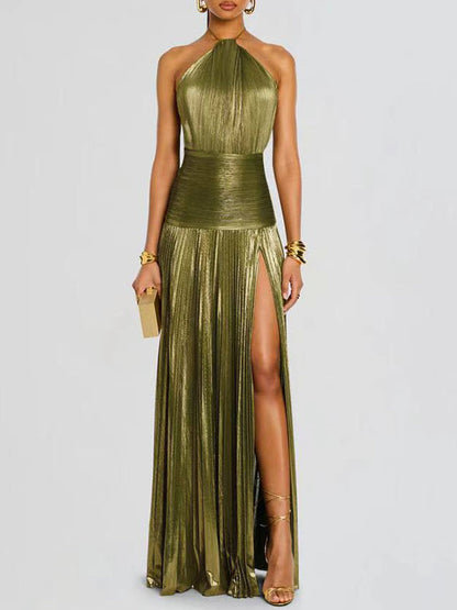 Elasticated Waist Sleeveless Pleated Shiny Solid Color Split-Side Halter-Neck Maxi Dresses