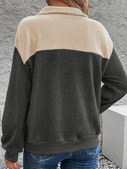 Sweat-shirt ample à manches longues, boutonné et contrasté, en velours, à col montant et à fentes 