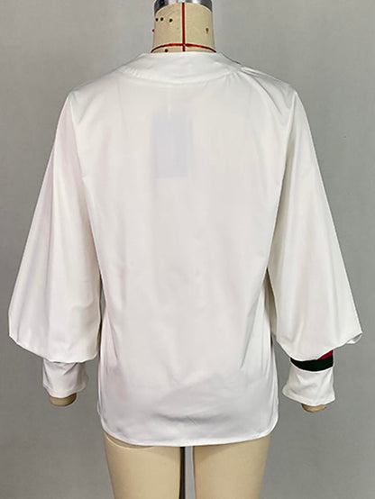 Lange Ärmel, lockere Kontrastfarbe, plissierte Blusen und Hemden mit V-Ausschnitt 