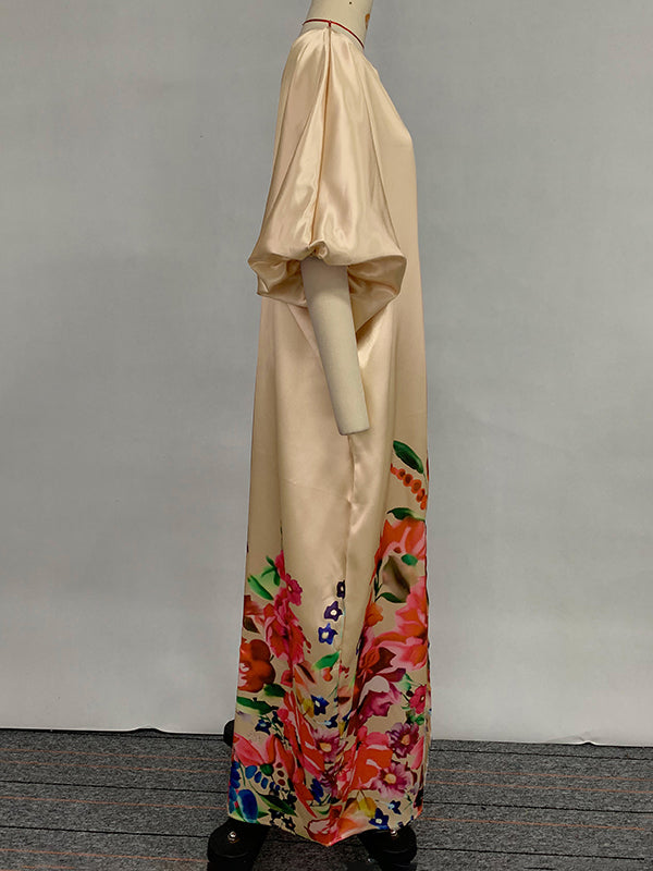 Robe longue trapèze à manches mi-longues et col en V, avec imprimé floral et fente sur le devant 