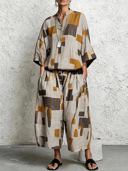 Loose Three‑Quarter Sleeves Printed V‑Neck Blouses&shirts Tops + Pockets Elasticity Cropped Trousers Bottoms Two Pieces Set