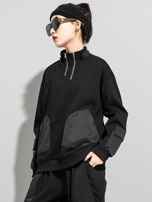 Casual Long Sleeves Loose Solid Color Zipper High-Neck Sweatshirt Tops