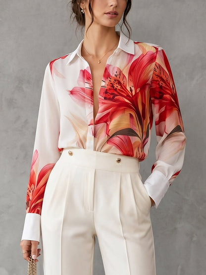 Long Sleeves Buttoned Contrast Color Flower Print Lapel Blouses&Shirts Tops