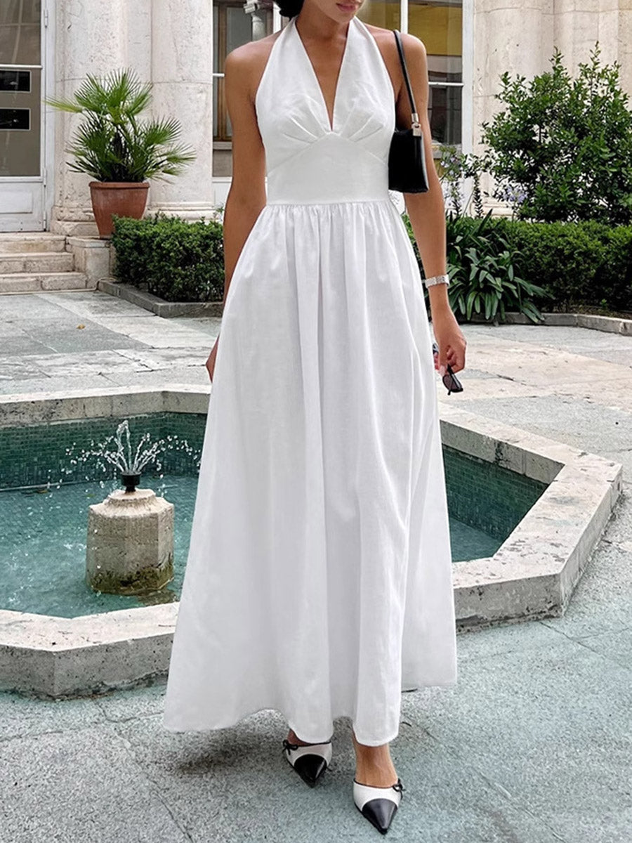 A-Line High Waisted Backless Pleated Solid Color Split-Joint Halter-Neck Midi Dresses