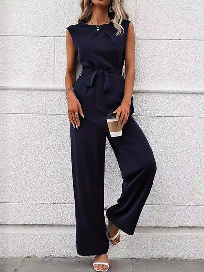 Loose Sleeveless Solid Color Split-Joint Tied Waist Round-Neck Jumpsuits