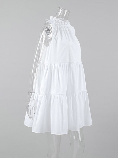 A-Line Loose Pleated Ruffled Solid Color Split-Joint Round-Neck Mini Dresses Shirt Dress