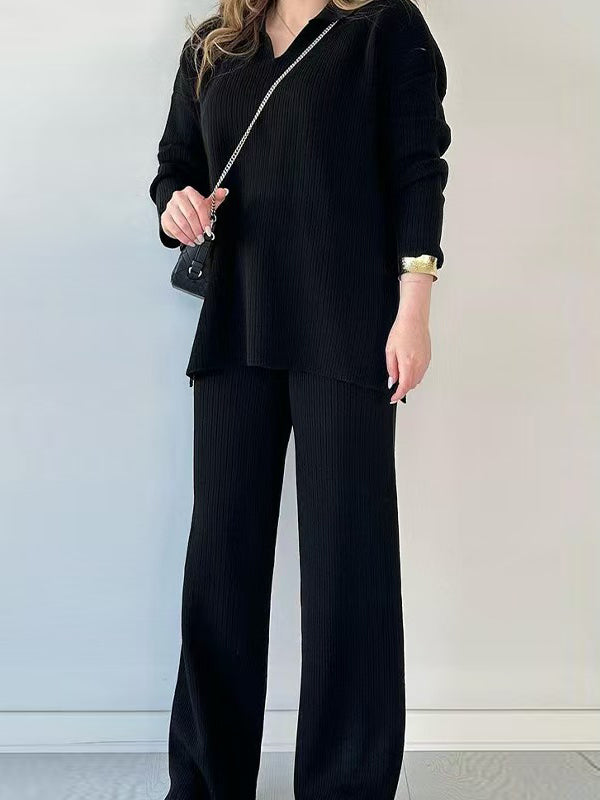 Loose Long Sleeves Solid Color Split-Side Lapel Sweater Top + Pants Two Pieces Set