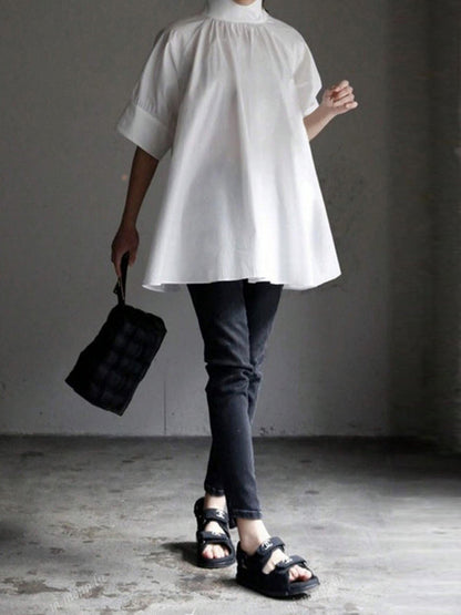 Half Sleeves Loose Solid Color High Neck Blouses&Shirts Tops