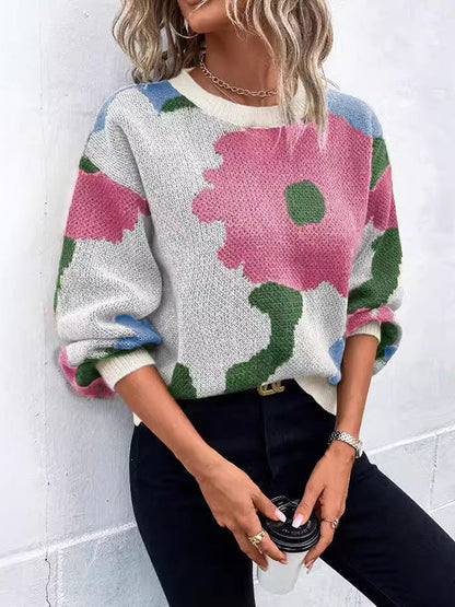 Loose Puff Sleeves Asymmetric Knitted Flower Split-Joint Round-Neck Sweater Tops