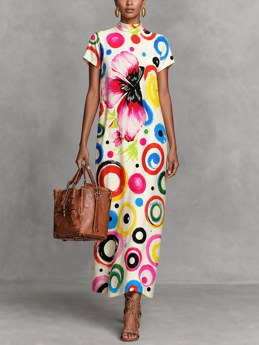 Zipper Polka-Dot Flower Print Contrast Color Short Sleeves Loose Mock Neck Maxi Dresses