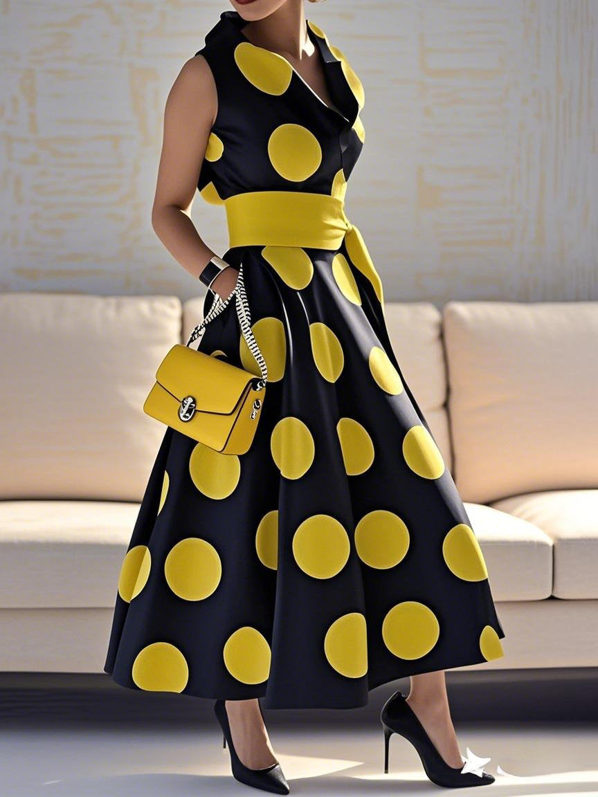 A-Line Loose Pockets Polka-Dot Split-Joint Tied Waist Lapel Maxi Dresses Shirt Dress