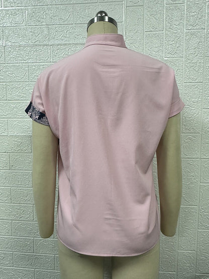 Loose Short Sleeves Buttoned Contrast Color Flower Print Striped V-Neck Blouses&Shirts Tops