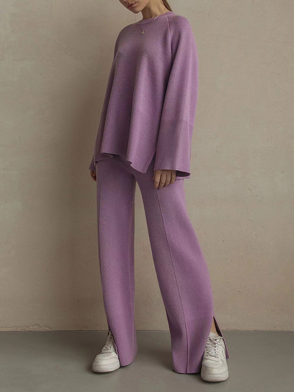 Casual Long Sleeves Loose Solid Color Round-Neck Sweater Tops & Wide Leg Pants Two Pieces Set