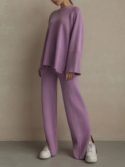 Casual Long Sleeves Loose Solid Color Round-Neck Sweater Tops & Wide Leg Pants Two Pieces Set