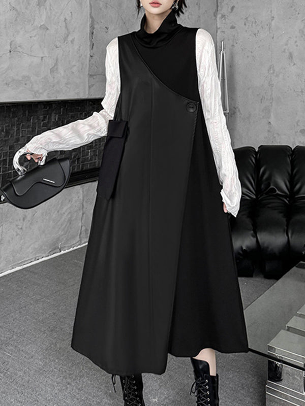 Irregularity Loose Asymmetric Buttoned Solid Color Split-Joint High Neck Midi Dresses