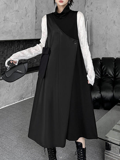 Irregularity Loose Asymmetric Buttoned Solid Color Split-Joint High Neck Midi Dresses